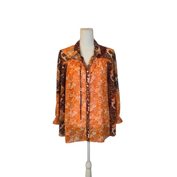 Cato Patchwork Floral Top Women Size 18/20W Orange Sheer Bohemian Preppy Fall - Picture 2 of 9